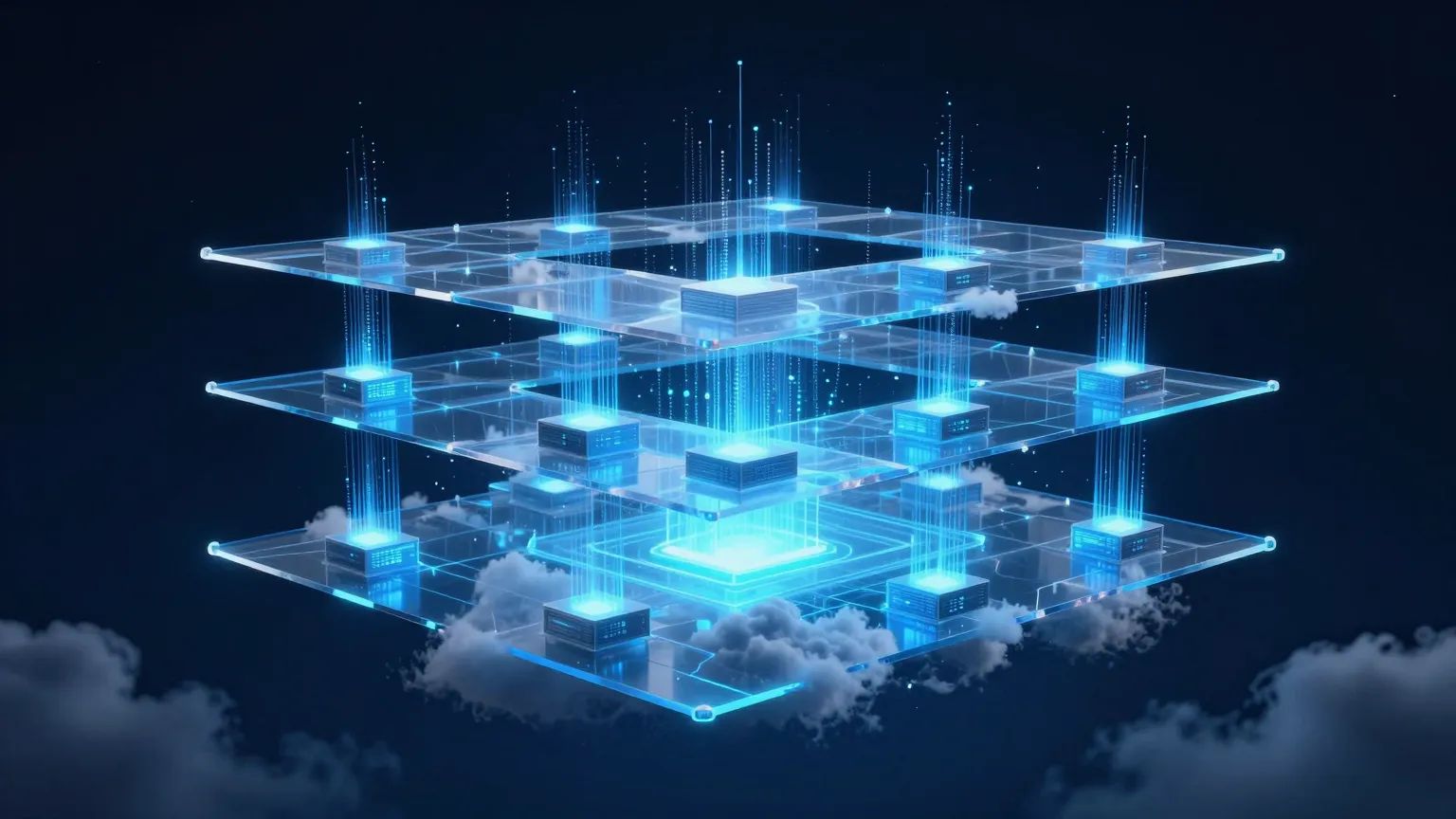 Cloud Solutions — abstract technology hero illustration in deep navy with glowing cyan accents