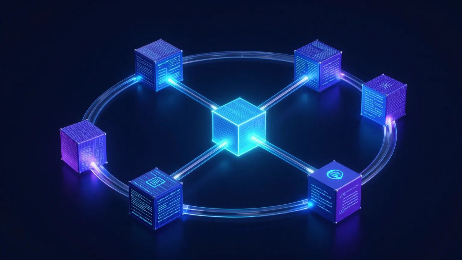 Software Development — abstract technology hero illustration in deep navy with glowing cyan accents