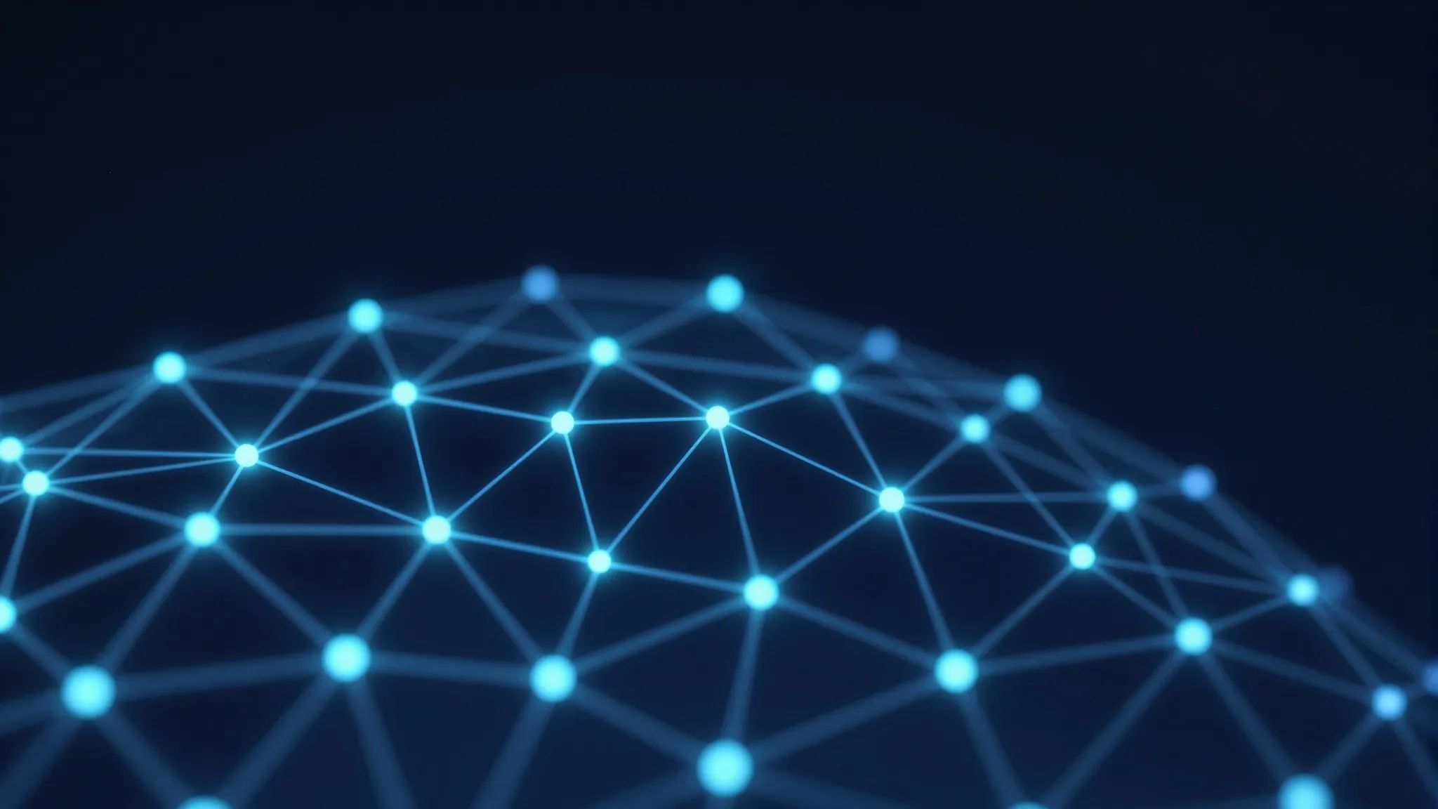 Abstract network constellation of glowing cyan nodes connected by luminous lines on a deep navy background, evoking managed networks and connectivity